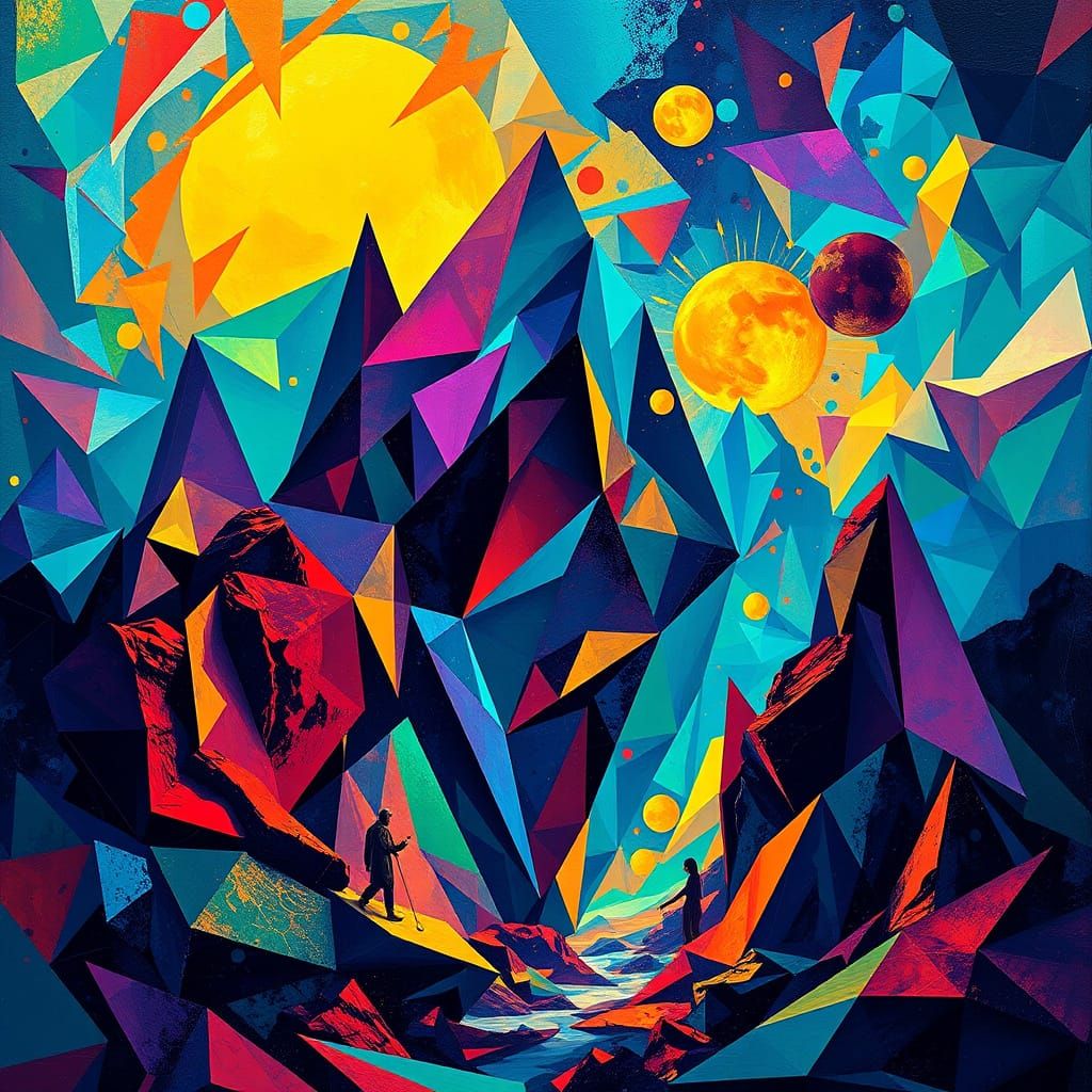 Maximalist Art Deco Cubist Scene with Geometric Shapes and V...