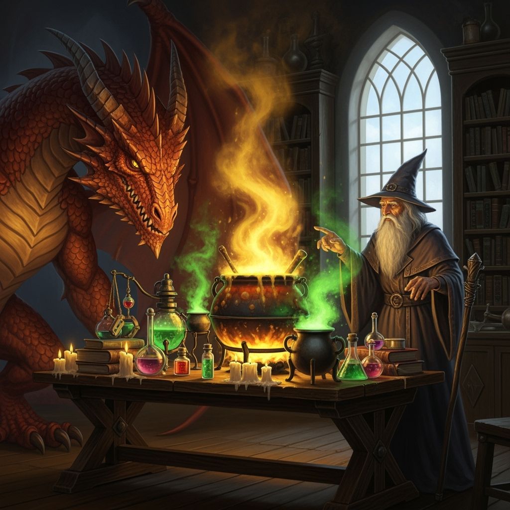 Wizard and Dragon in Magical Laboratory