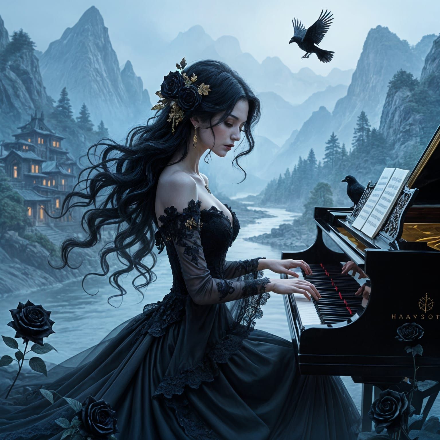 Gothic Woman Plays Piano in Misty Mountains