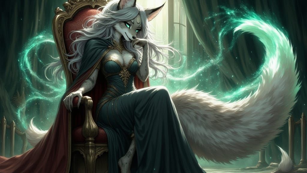 Fierce Wolf Witch in Dark Fantasy Throne Room