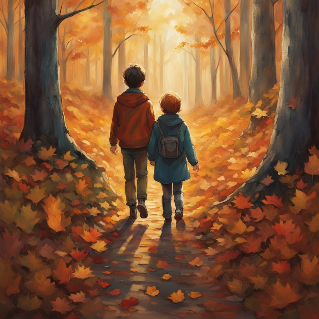 Whimsical Autumn Forest Scene in Vibrant Oil Painting Style