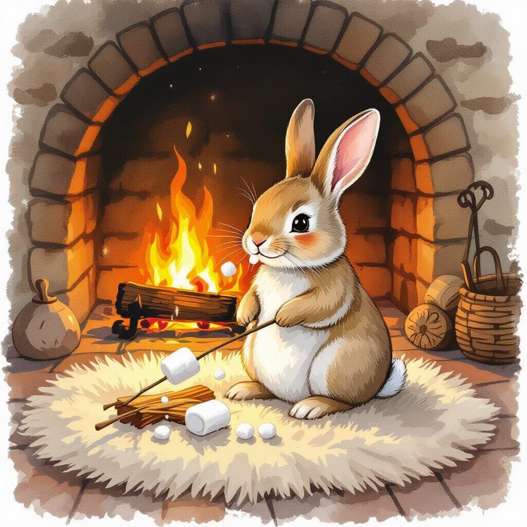 Rabbit Roasting Marshmallows in Fireplace, Whimsical Art