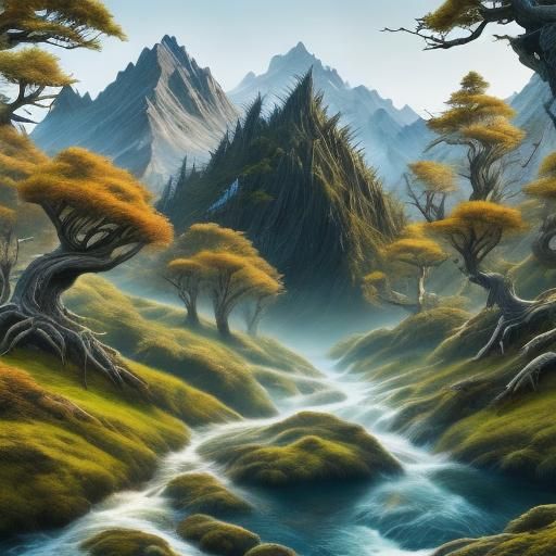 Fantasy Mountain Scene with Forest Creatures