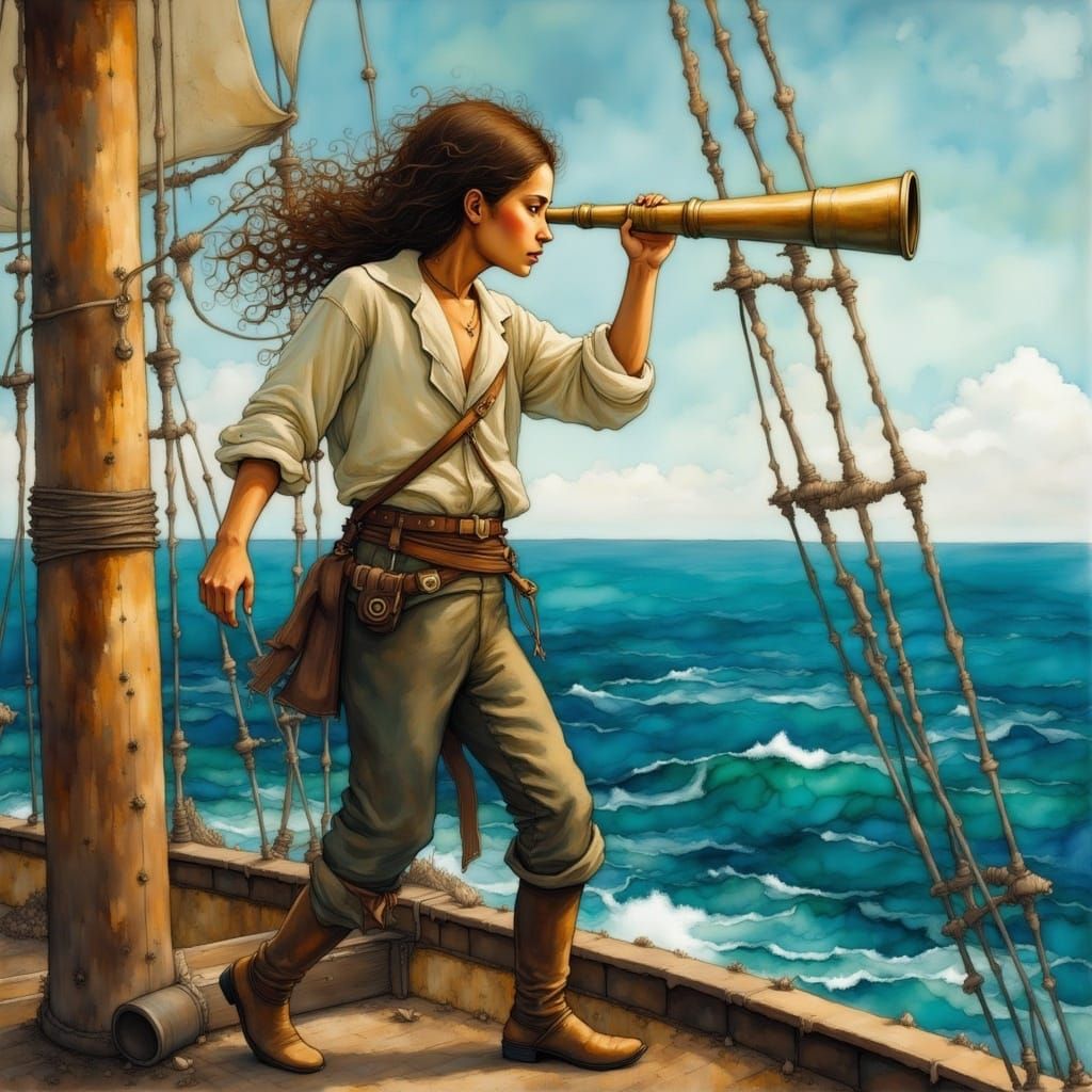 <lora:Liquid Ink Flux:1.0> Young pirate in the crow's nest of a galleon scans the horizon with a telescope