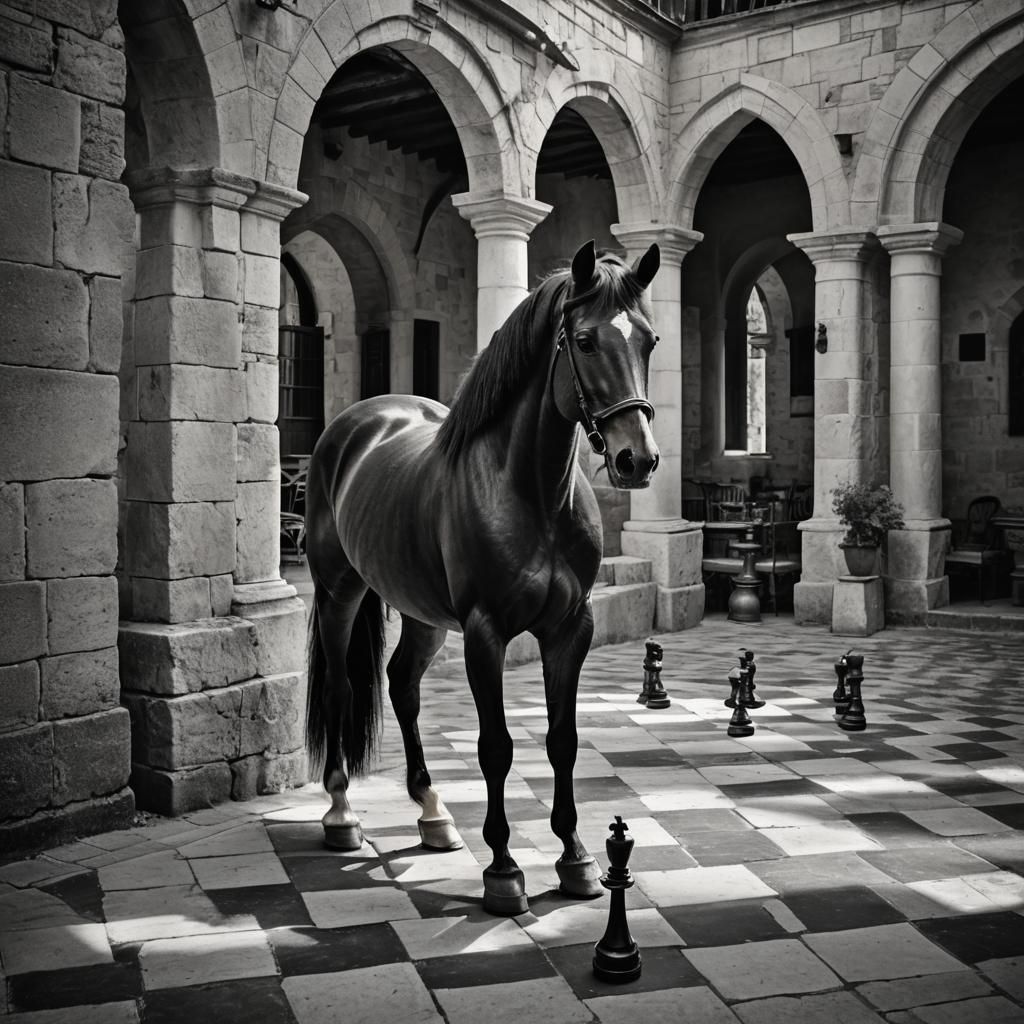 Monochromatic Equine Portrait on Chessboard