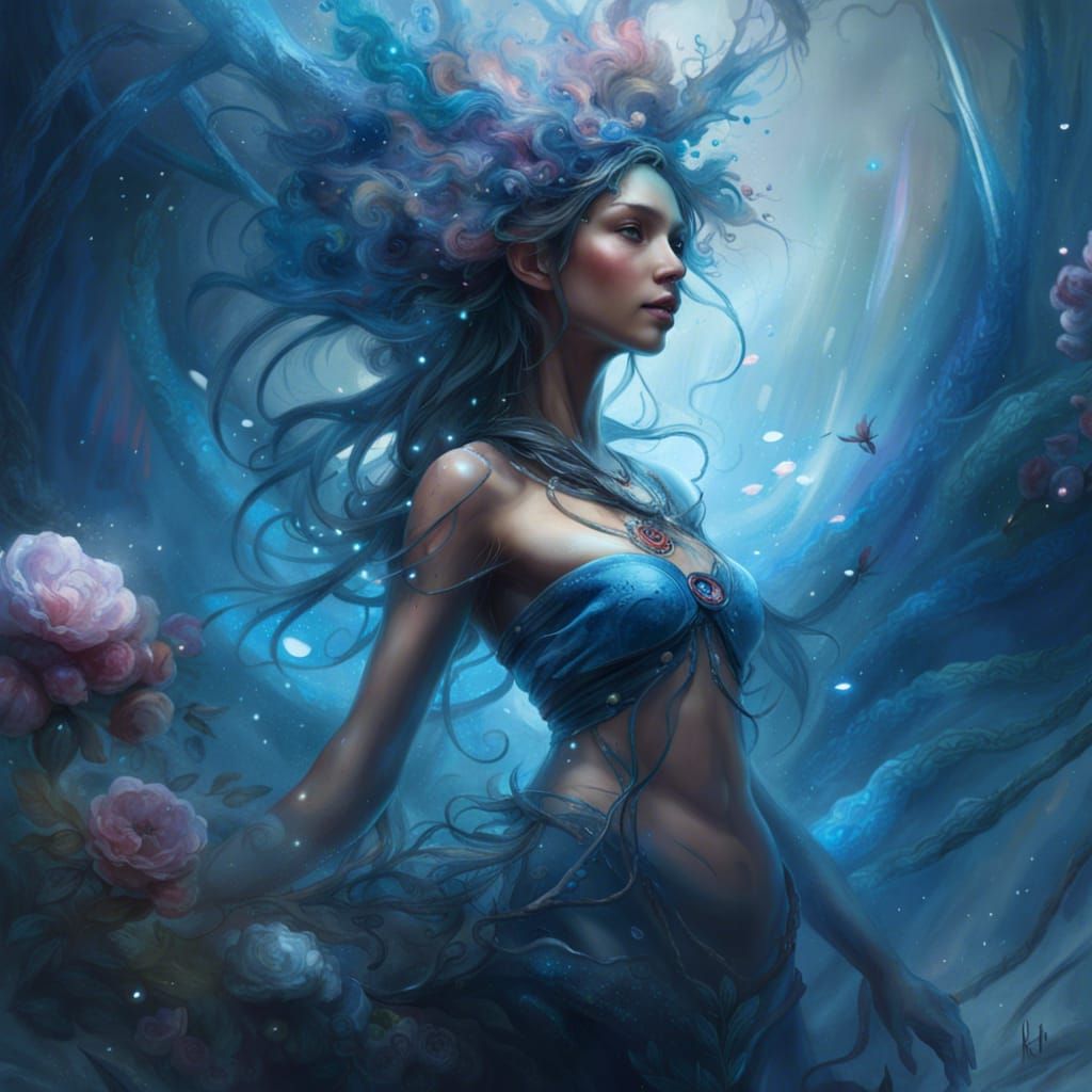 Miniature Girl in Galaxy Rain, Digital Illustration