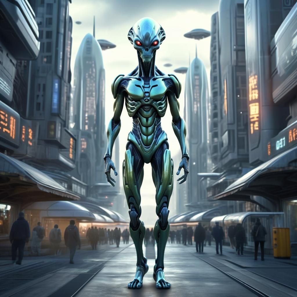 Hyperrealistic Alien Cyborg Human Hybrid in Sci-Fi City