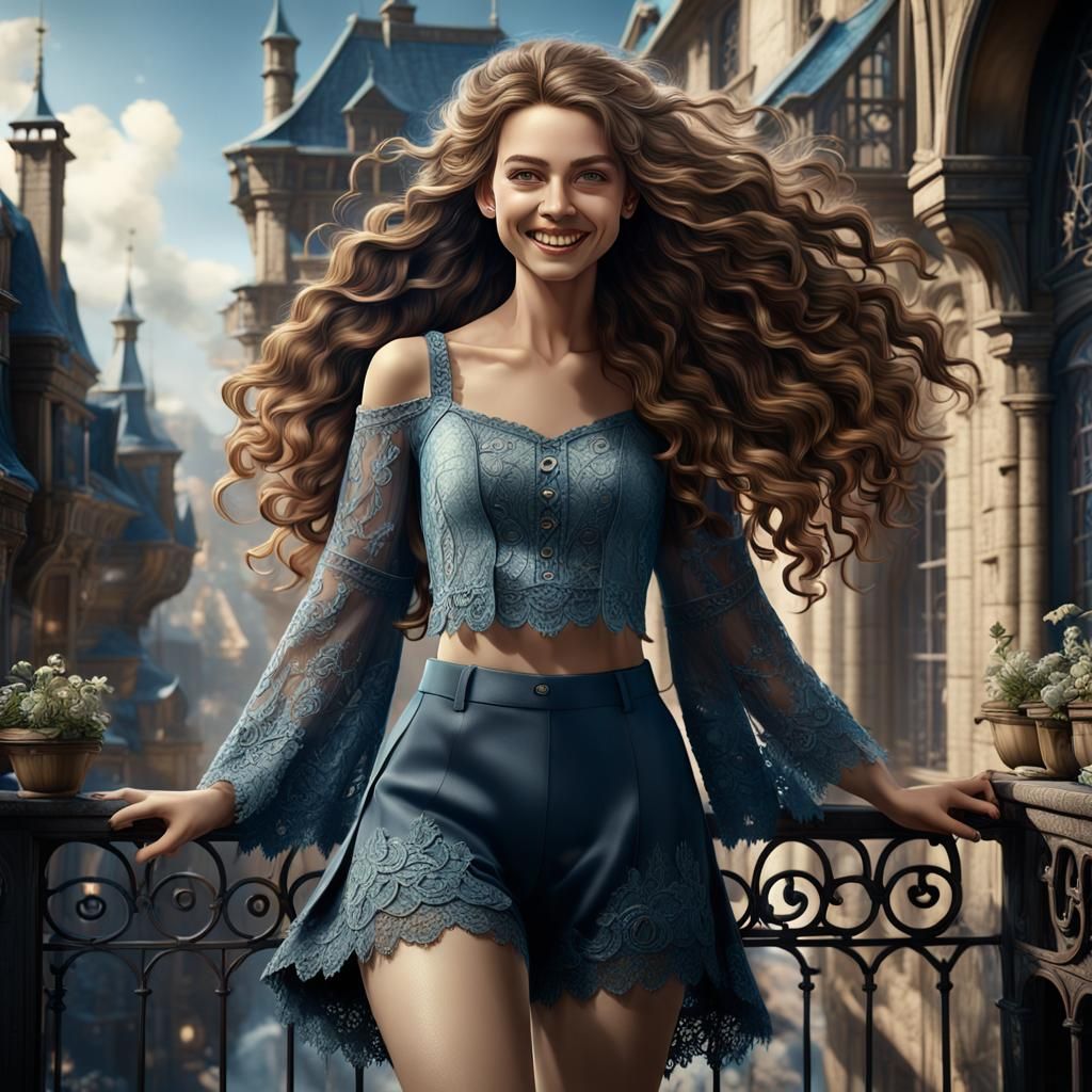 Smiling Woman in Lace on Balcony: Detailed Matte Painting