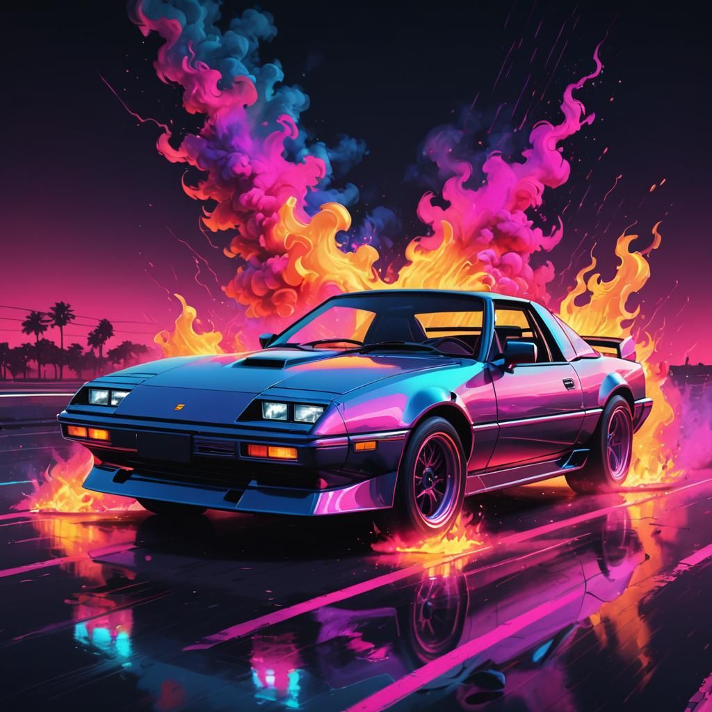 Synthwave Sports Car with Flames