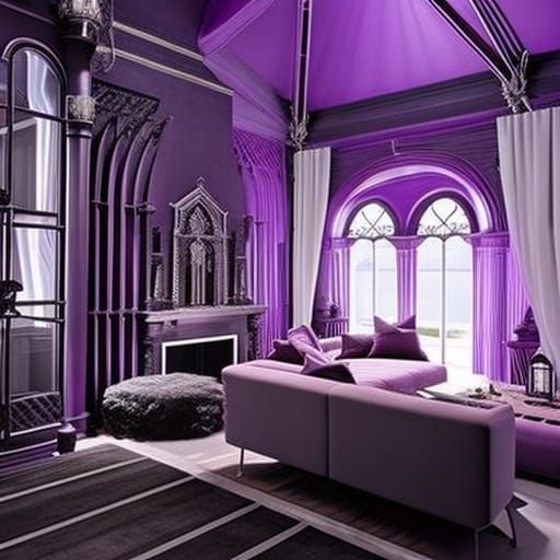 Gothic loft apartment with purple walls& fully functional with living room& kitchen& bathroom& upstairs bedroom& gothic ...