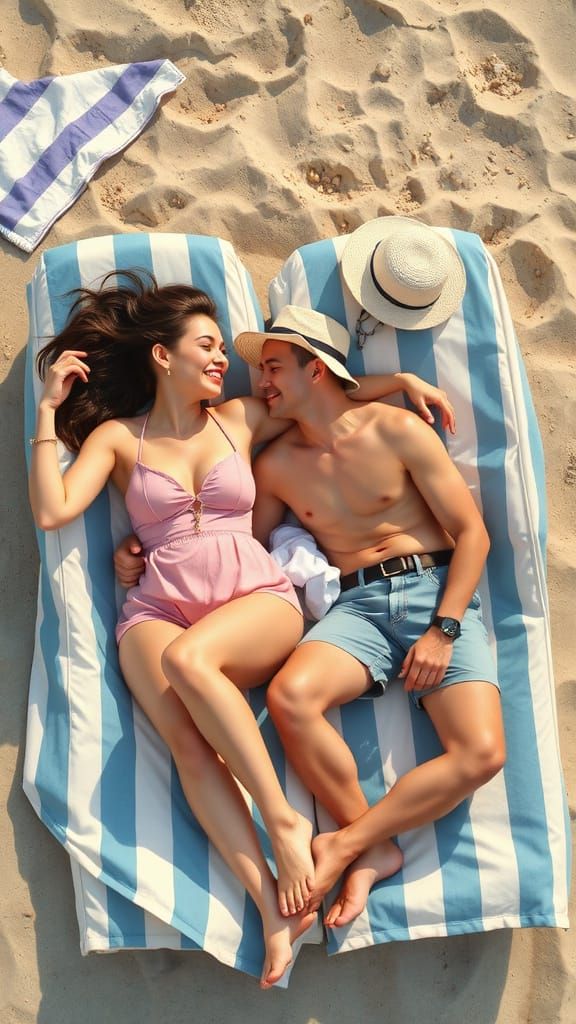 Couple on Beach Sunbeds in Hyperrealistic Style