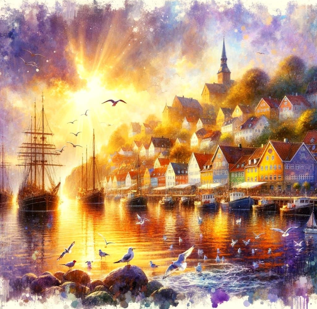 Impressionistic Sunrise Over a Danish Village Port