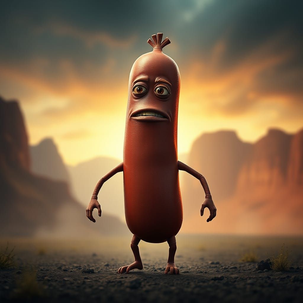 Heroic Sentient Sausage in a Cinematic Landscape