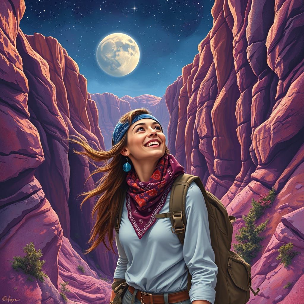 A brunette woman dressed in hiking clothing wearing a bandan...