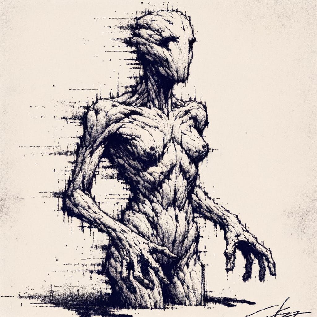 Distorted Humanoid Figure in a Rough Sketch