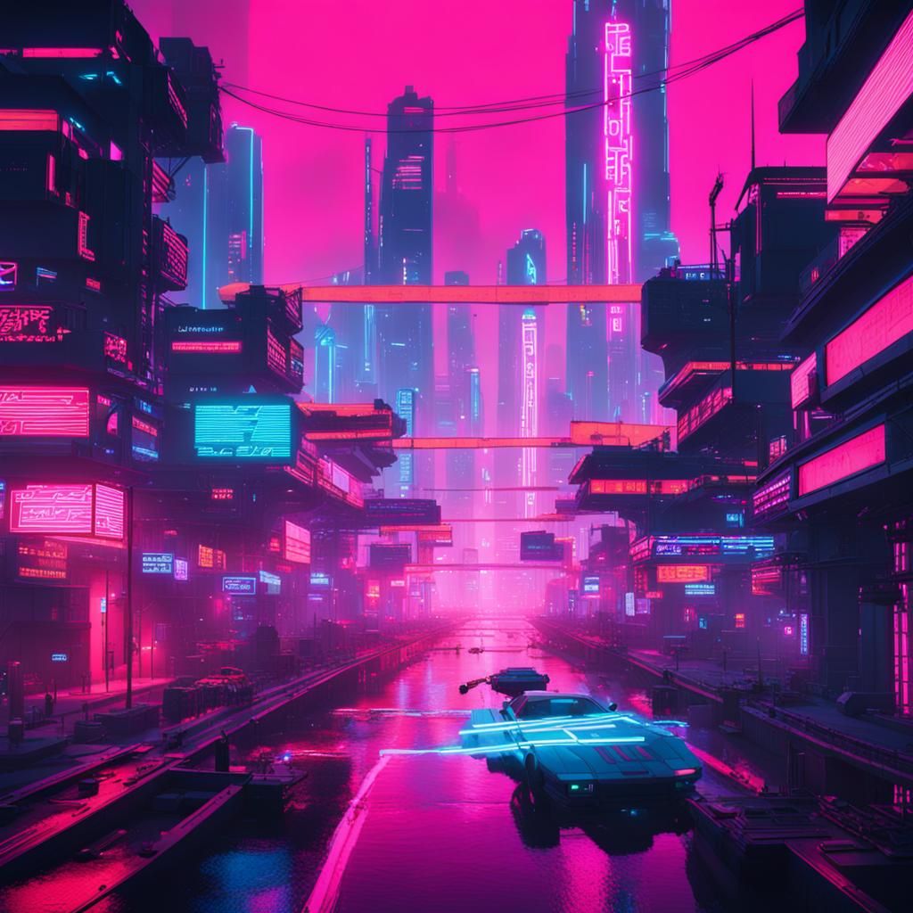 Cyberpunk Cityscape with Neon Signs and Hovering Roads