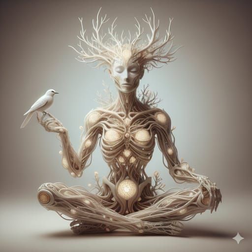 Bioluminescent Biomorphic Figure with Bird, Giger-Inspired A...