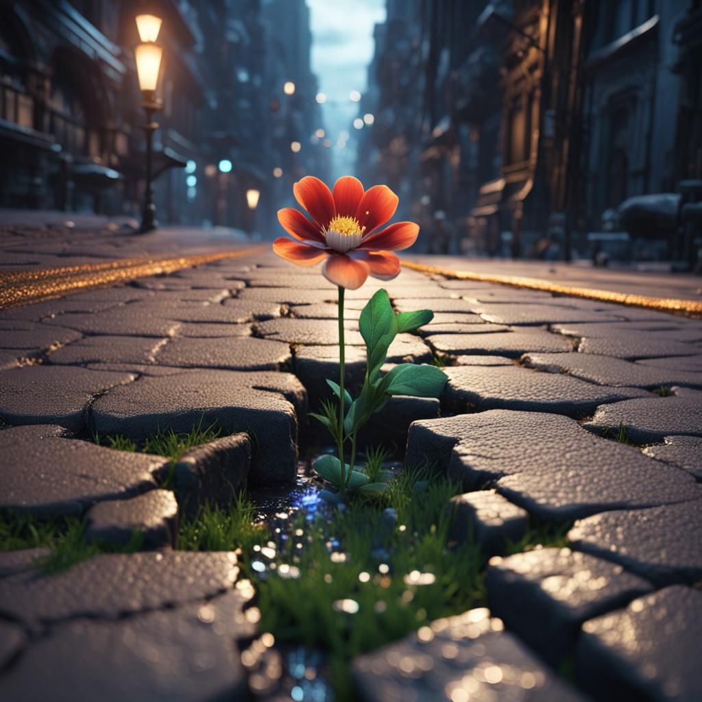 Night Bloom: Flower in Urban Crack, Detailed Matte Painting