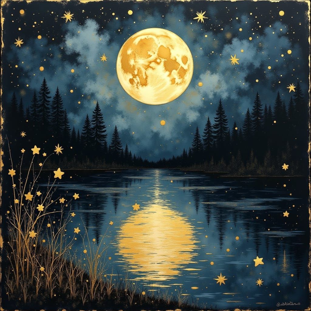 Midnight Blue and Gold Full Moon Pond