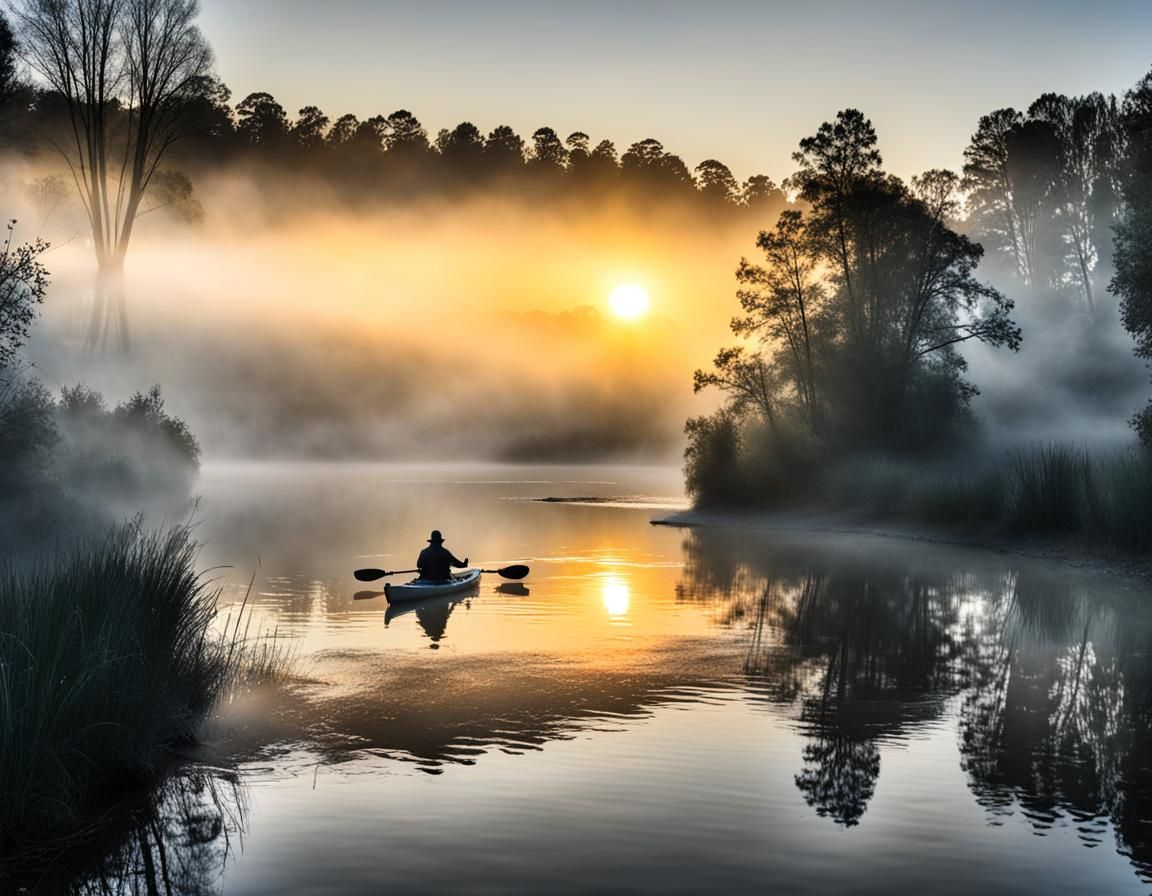 Kayaking on Misty River at Sunrise