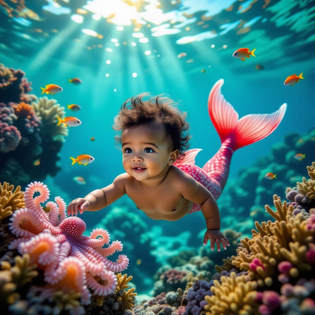 A swimming merbaby with a red tail