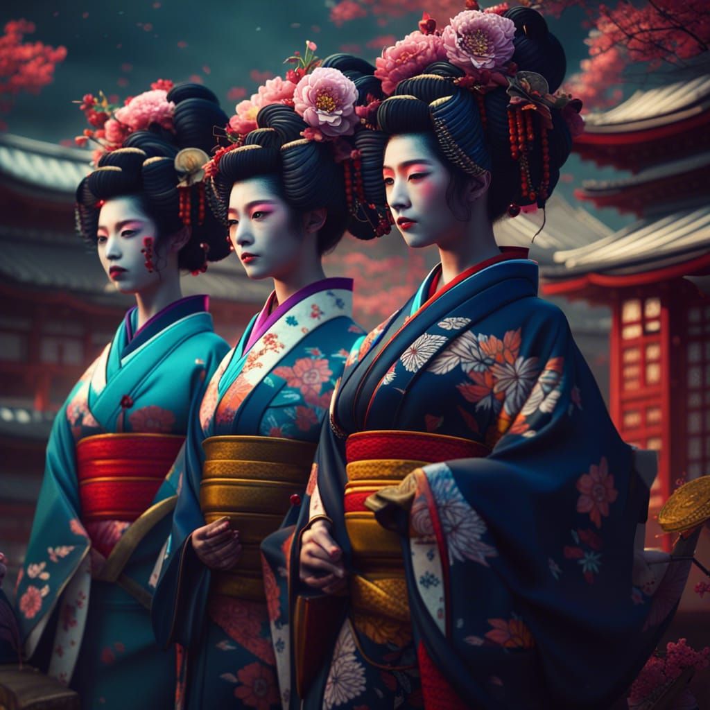 Geishas in Old Japan: Digital Art in Technicolor