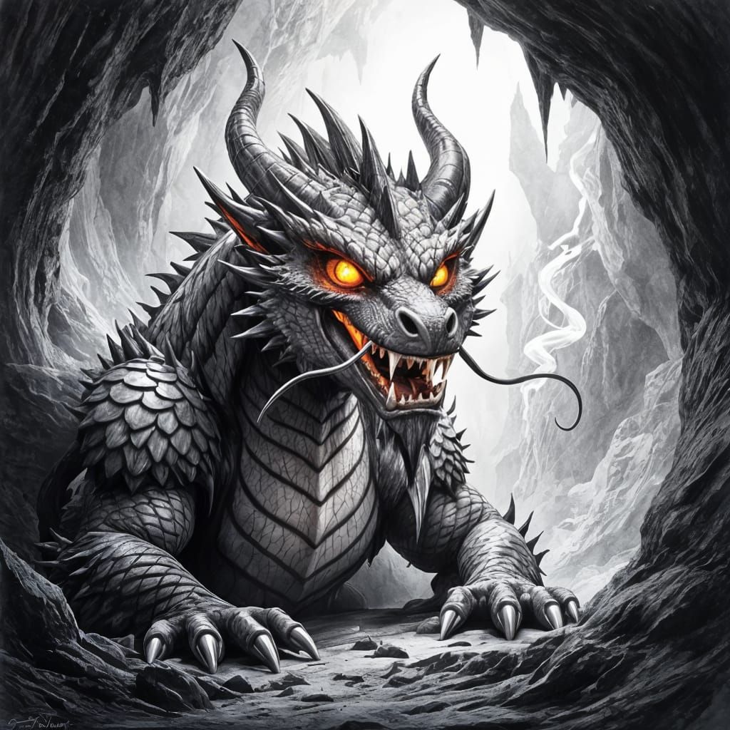 Angry Dragon in Cave: Charcoal Drawing