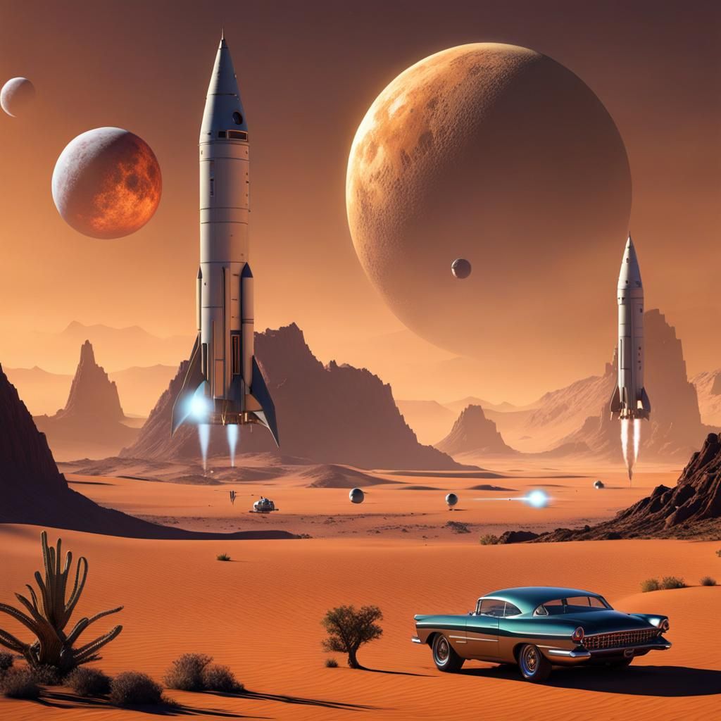 Desert Planetscape with Retro Rocket and Alien