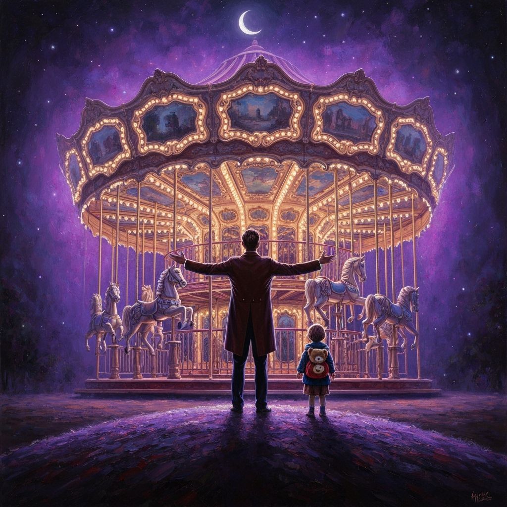 Showman and Child Before Magical Carousel at Night