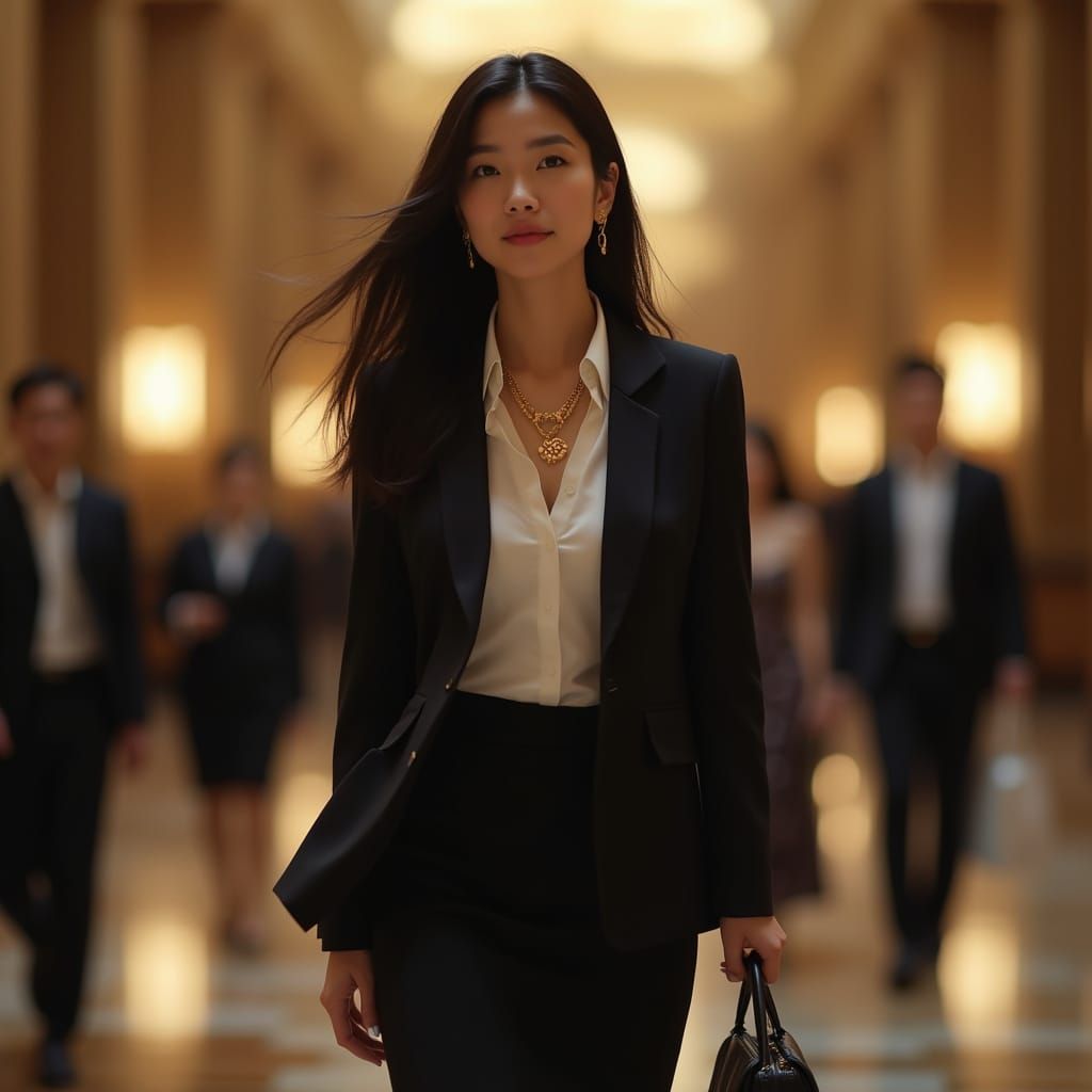 Asian American Woman in Luxury Hotel Lobby