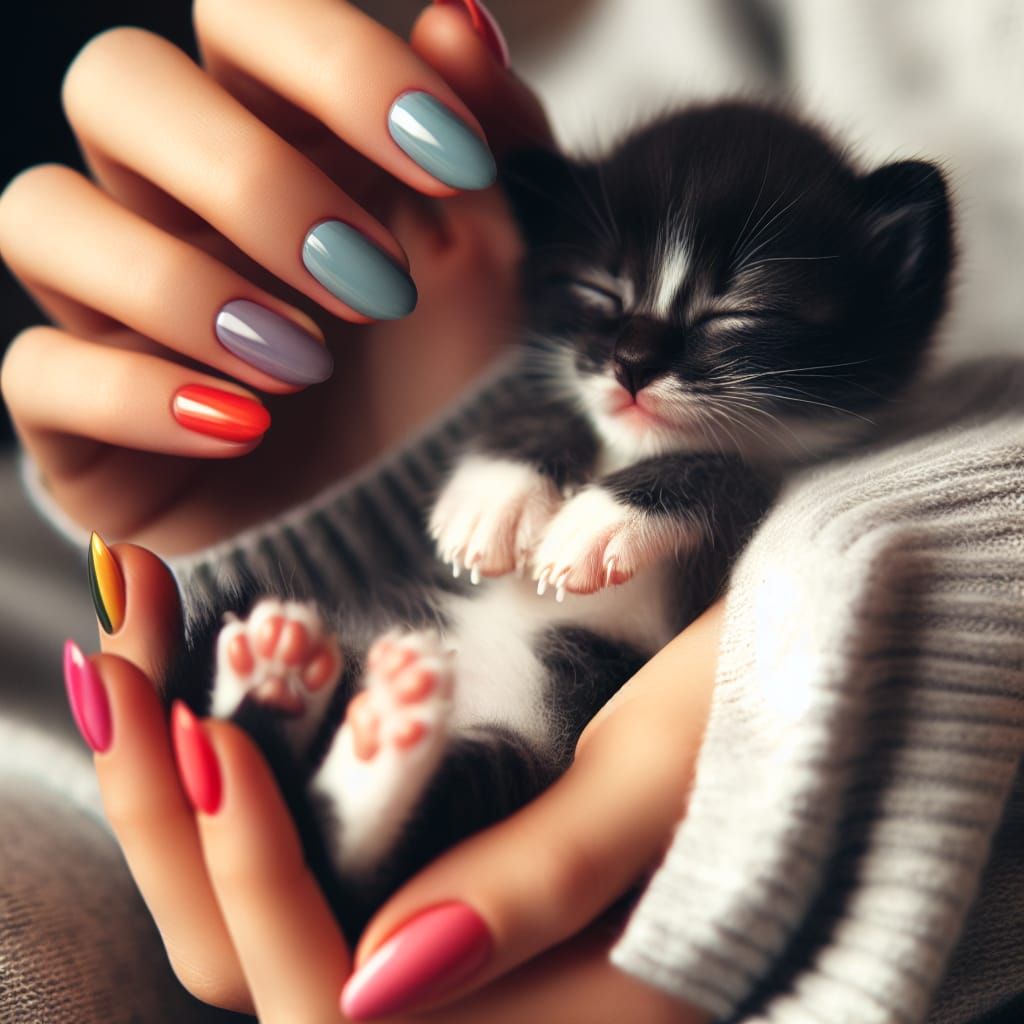 Woman's Hands Gently Cradling a Sleeping Kitten