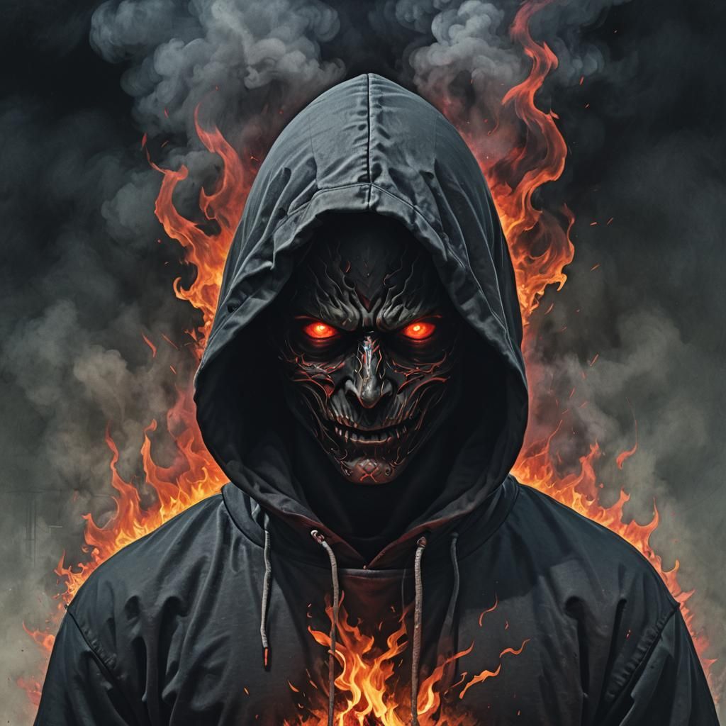 Shadowy Figure with Fiery Hood: A Hyperrealistic Image