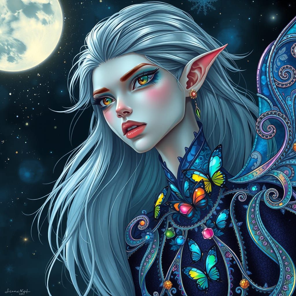 Moonlit Fae with Shimmering Skin and Hair, Ethereal Beauty