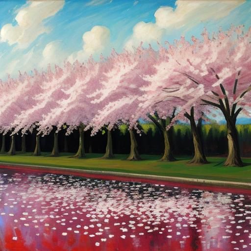 Cherry Blossoms Bloom on Battlefield: Expressionist Painting