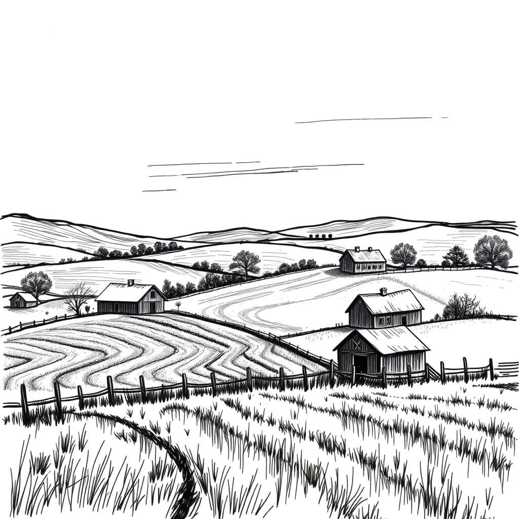 Rural Farm Landscape in Black and White Sketch