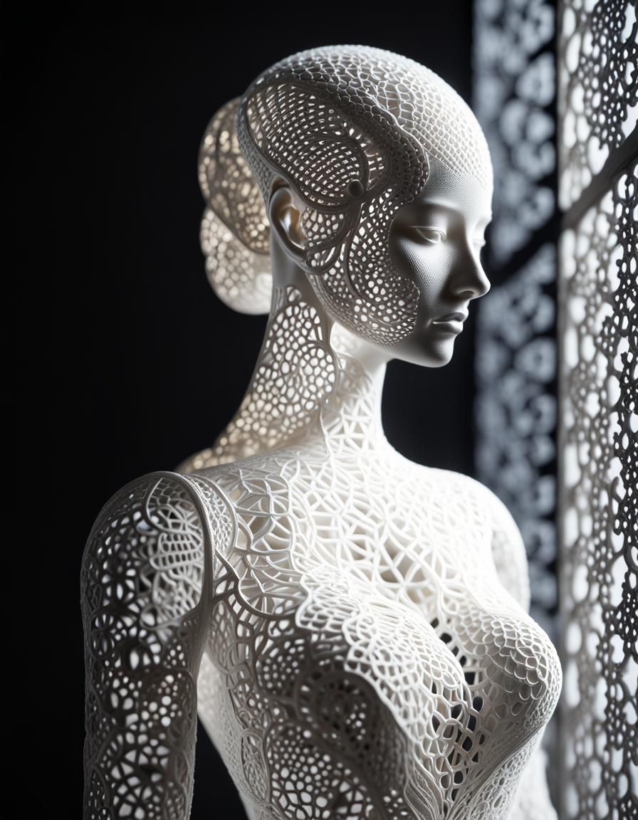 hyper realistic sculpture made entirely of handmade lace;  backlight,  representing opposites, luminescence, sculpture, ...