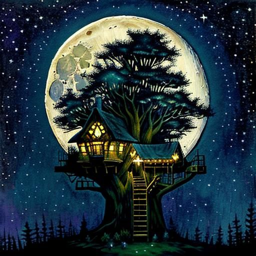 Gothic Treehouse Under Starry Impasto Moon