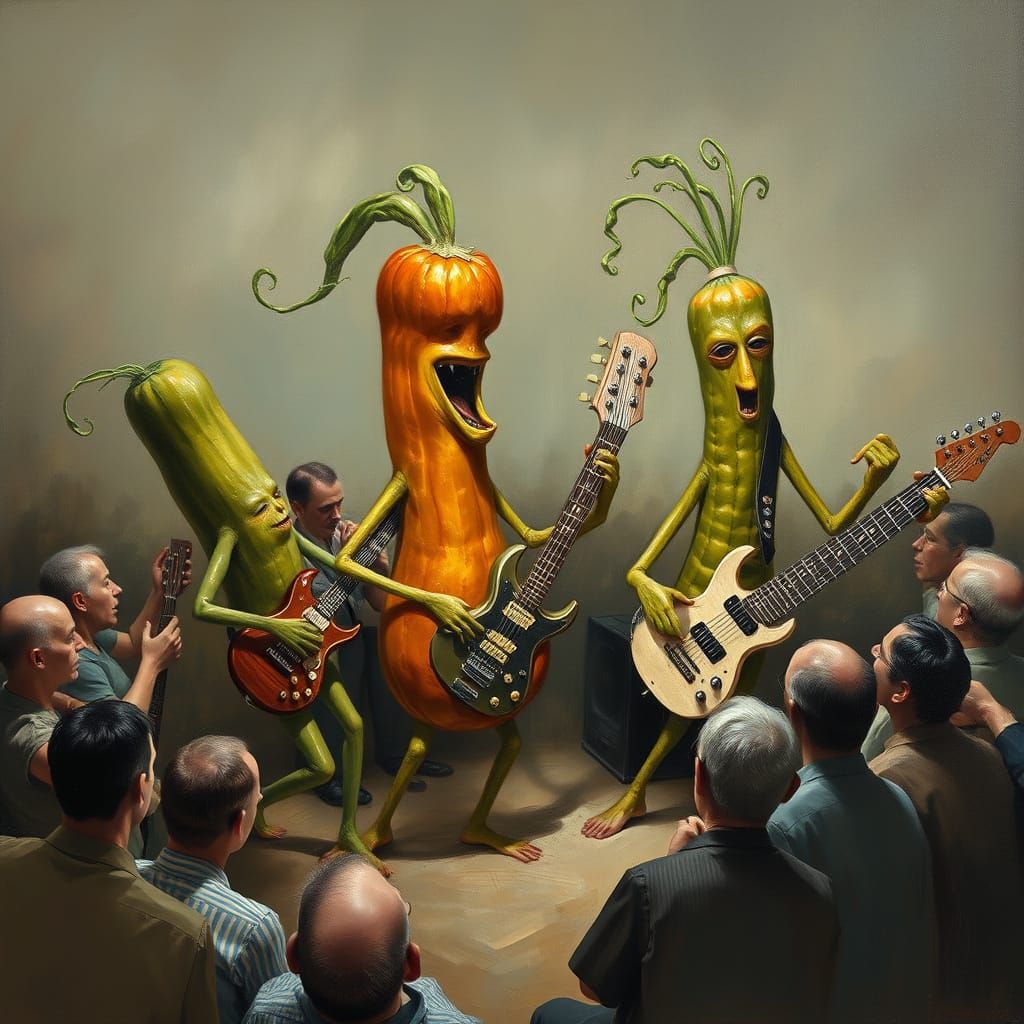 Surreal Vegetables Rock Out in Whimsical Oil Painting