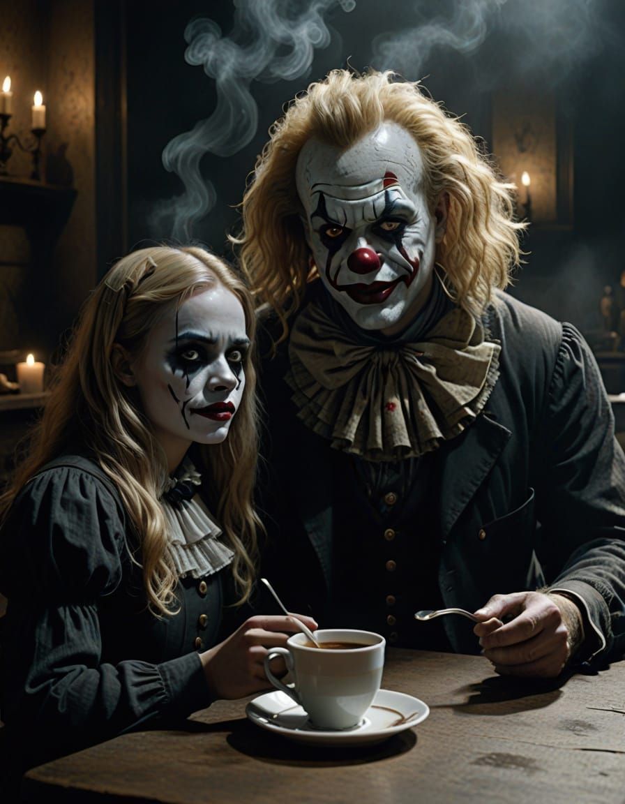 Sinister Clown Shares Coffee: Gothic Horror Comic Art