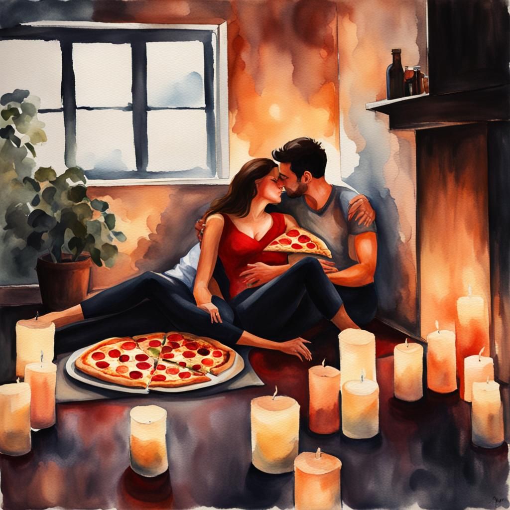 Romantic Watercolor: Couple in New Home with Pizza