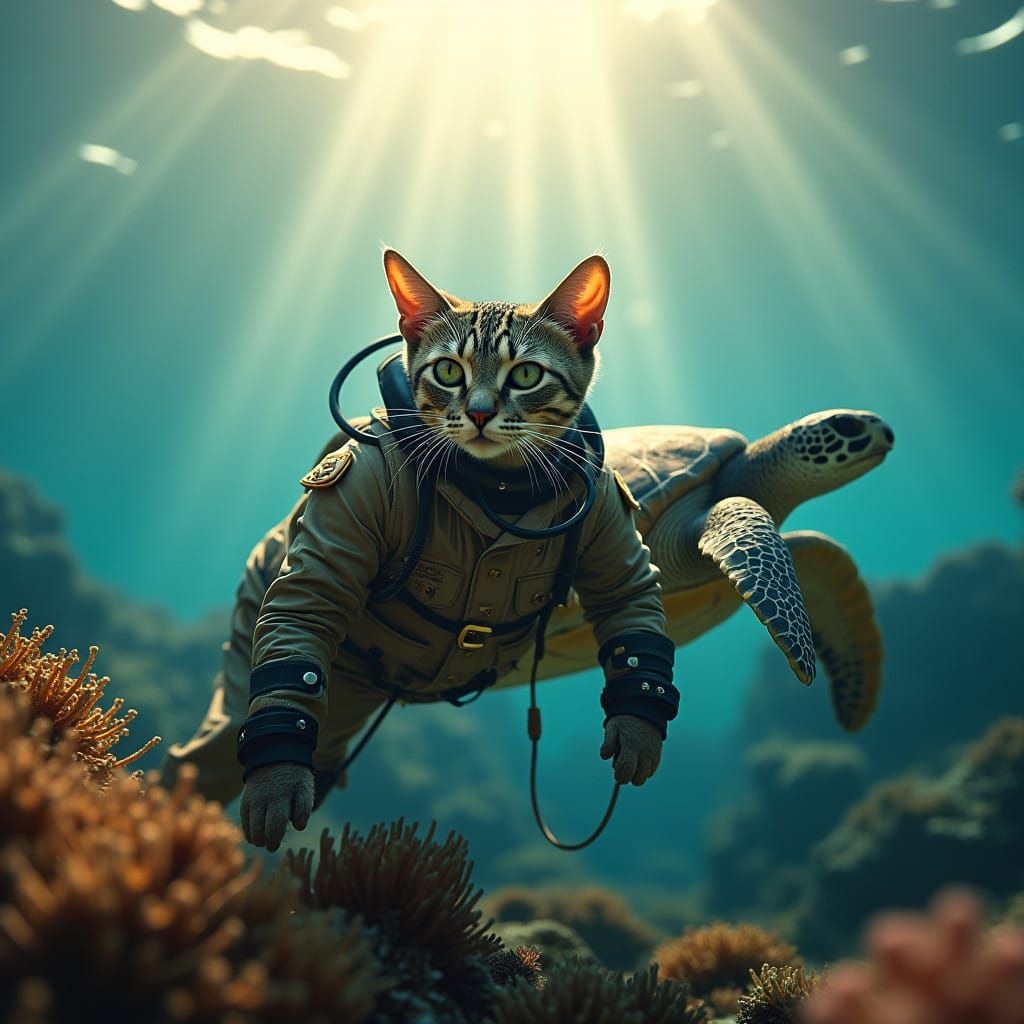 Cat in Frogman Diver's Suit Swims with Sea Turtle Amongst Gr...