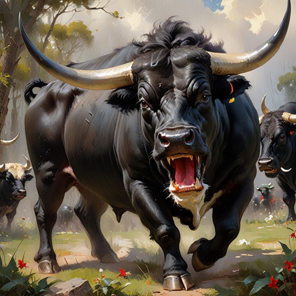 Impressive Black Bull Charging in Impressionist Style
