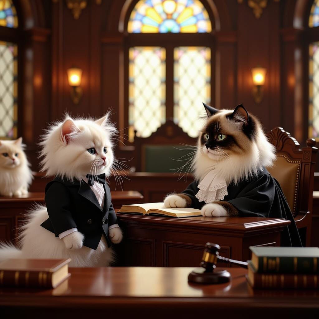 Elegant Cats in Courtroom Trial: Whimsical Golden-Lit Scene