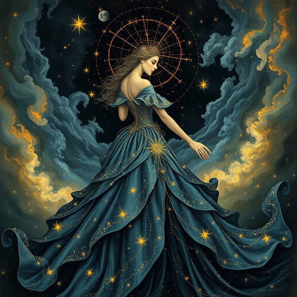 Celestial Goddess in Cosmic Gown with Starlight Accents