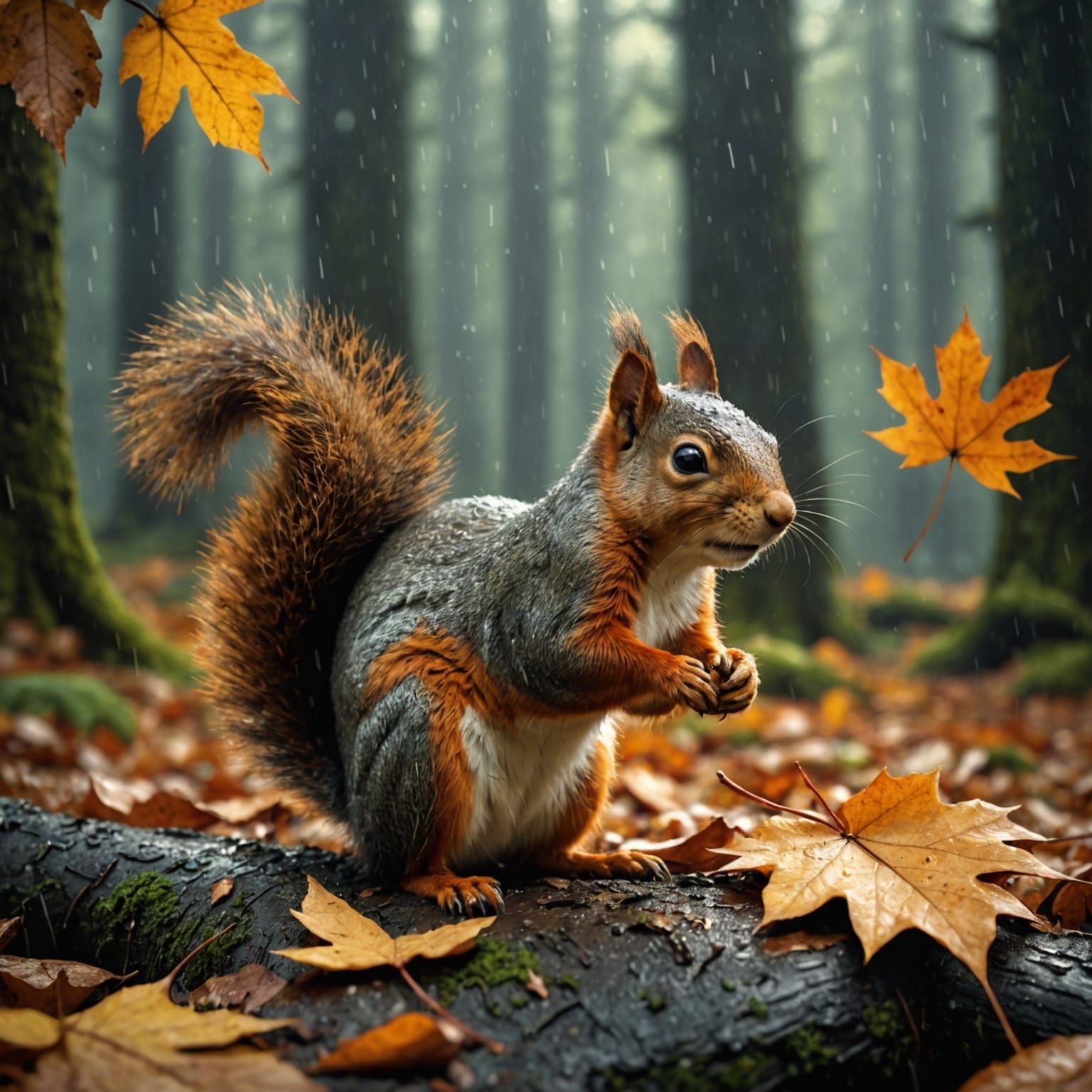 Squirrel Sheltering From Autumn Rain with Leaf