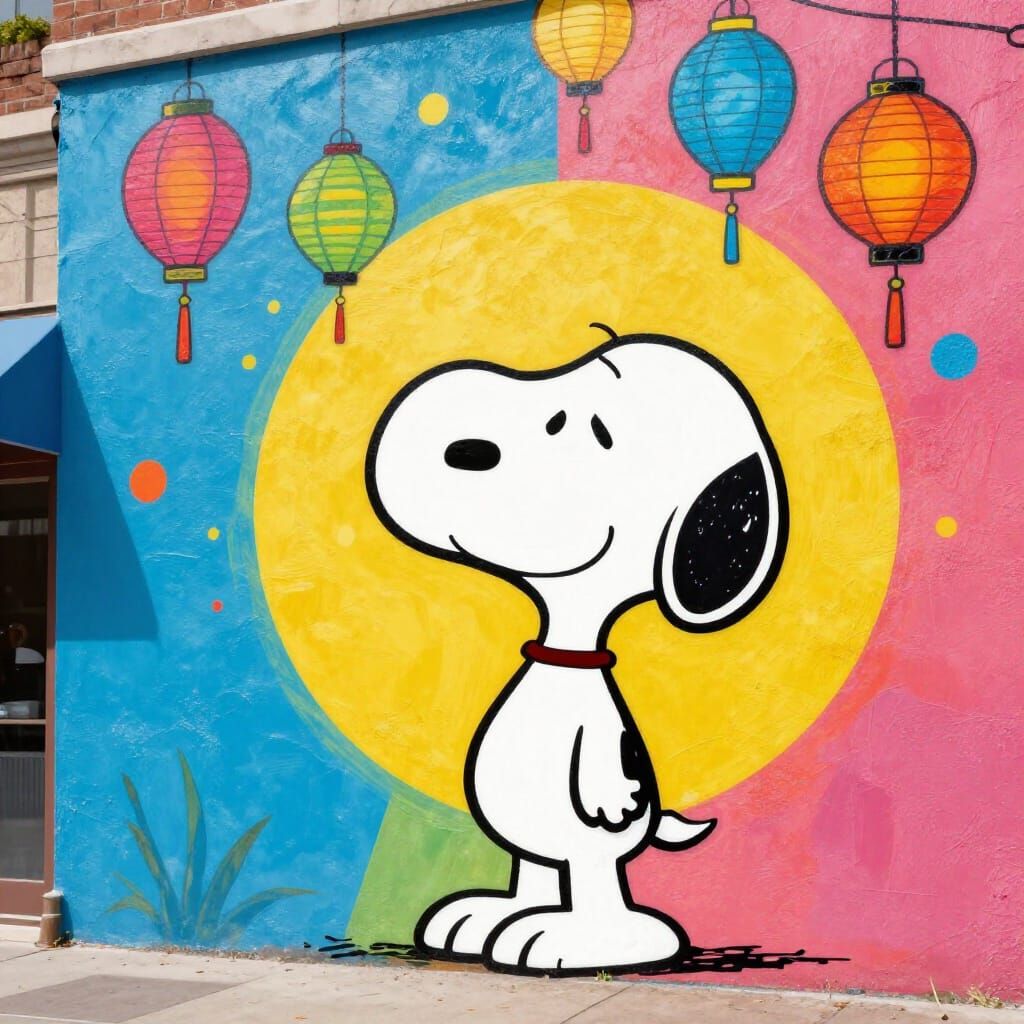 Snoopy Paints Vibrant Pop Art Mural with Floating Lanterns