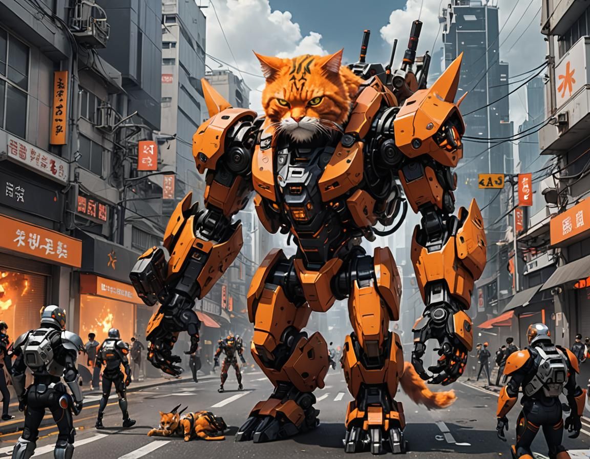 Giant Cyberpunk Cat Terrorizes City in 3D Anime Art
