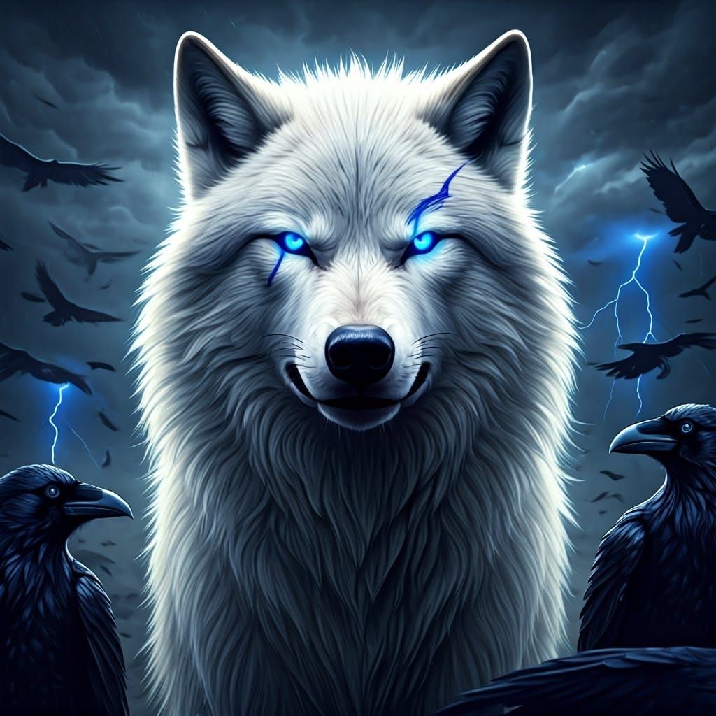 Fierce White Wolf Stands Guard Against Turbulent Sky