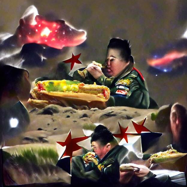 Kim Jong Un Enjoys Hotdog Under Rocket Sky