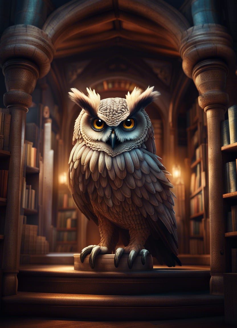 Magical Owl Guarding a Bookstore Staircase
